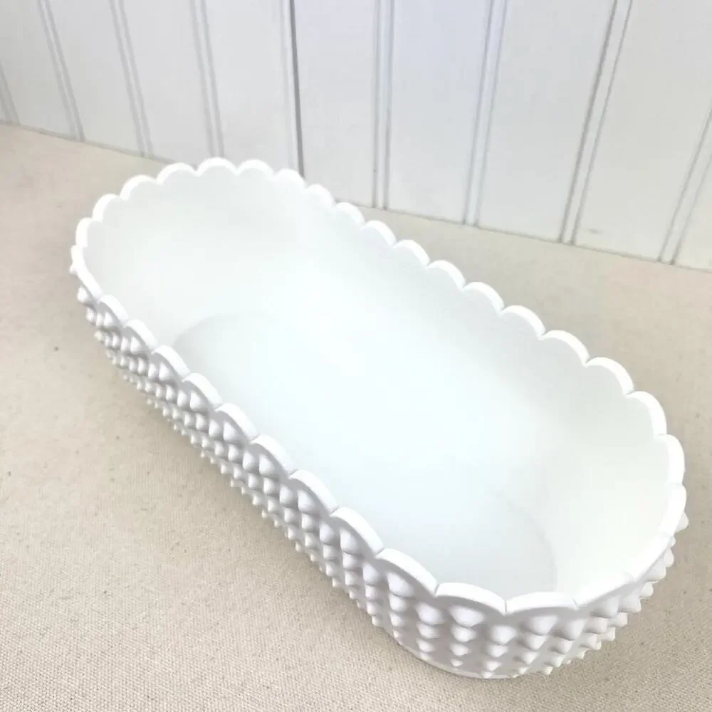 White Hobnail Bowl, Oblong Bowl, Decorative Bowl with Scalloped Edge